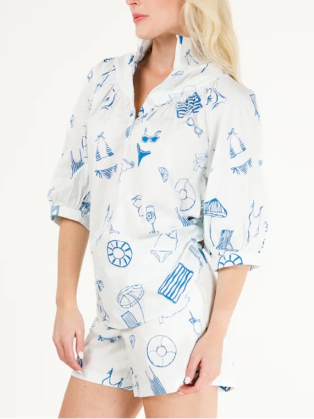 Holly Shae White Tunic Blouse with Blue summer, pool, swim, vacation Print S/M - Picture 2 of 6